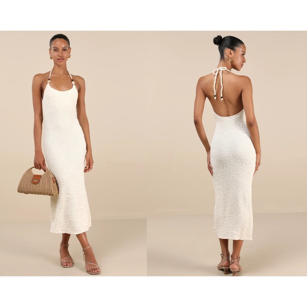 Lulus Meike Cream Textured Knit Beaded Halter Midi Dress Size Small